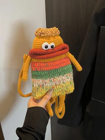 Handmade Knitted Monster Crossbody Bag For Women Cute Cartoon Yellow Striped Woven Small Shoulder Phone Bag Fun Gift