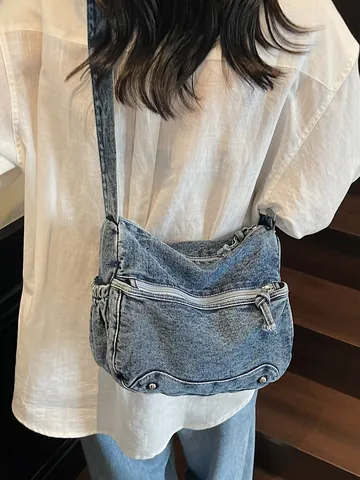 Vintage Gewassen Denim Schoudertas Vrouwen Grote Capaciteit Multi Pocket Tote Bag Retro Schoudertas School Woon-werkverkeer