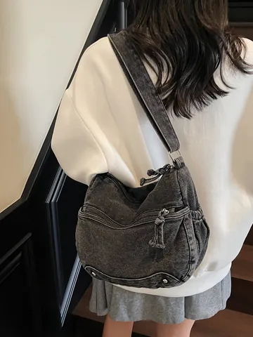 Vintage Gewassen Denim Schoudertas Vrouwen Grote Capaciteit Multi Pocket Tote Bag Retro Schoudertas School Woon-werkverkeer