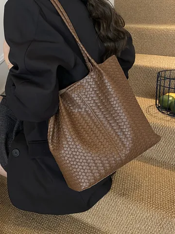 Women Woven PU Leather Tote Bag Large Capacity Commuter Single Shoulder Bag And Pouch Fashion Weaving Shopper Bag