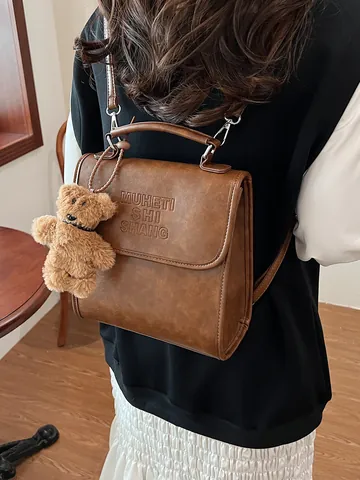 Vintage PU Leather Backpack For Women Fashion Letter Print Small School Bag With Bear Pendant Multi-Way Handbag Travel Bag