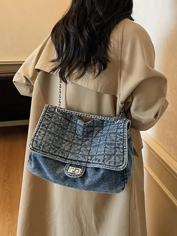 Gewassen Denim Ketting Tote Tas Voor Vrouwen Vintage Gewatteerde Ruitvormige Schoudertas Grote Capaciteit Crossbody Tas Met Daisyslot