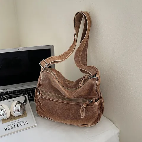 Large Capacity Washed Denim Crossbody Bag For Women Vintage Multi Pocket Canvas Shoulder Bag With Adjustable Strap Tote