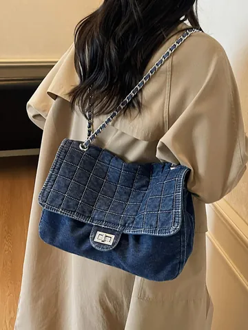Gewassen Denim Ketting Tote Tas Voor Vrouwen Vintage Gewatteerde Ruitvormige Schoudertas Grote Capaciteit Crossbody Tas Met Daisyslot