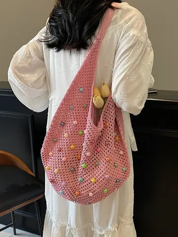 Women Handmade Knit Crochet Tote Bag Colorful Bead Decoration Large Capacity Hollow Mesh Shoulder Bag Summer Beach Vacation Bag