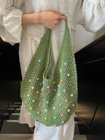 Women Handmade Knit Crochet Tote Bag Colorful Bead Decoration Large Capacity Hollow Mesh Shoulder Bag Summer Beach Vacation Bag