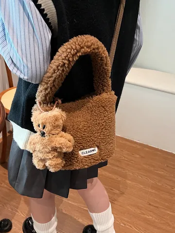 Autumn Winter Women Plush Lamb Wool Bucket Bag With Cute Bear Pendant Fashion Shoulder Crossbody Handbag For Girl Daily Tote