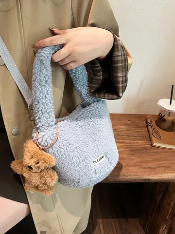 Autumn Winter Women Plush Lamb Wool Bucket Bag With Cute Bear Pendant Fashion Shoulder Crossbody Handbag For Girl Daily Tote