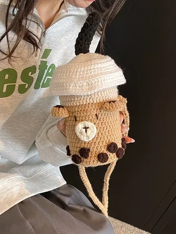 Handmade Knitted Milk Tea Cup Crossbody Bag Cute Cartoon Bear Crochet Small Shoulder Bag For Women Girls Fashion Decorative Bag