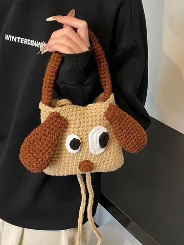 Cute Cartoon Dog Hand Knitted Crochet Crossbody Bag For Women Girls Large Ears Knit Shoulder Handbag Versatile Mini Pouch