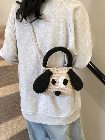 Cute Cartoon Dog Hand Knitted Crochet Crossbody Bag For Women Girls Large Ears Knit Shoulder Handbag Versatile Mini Pouch