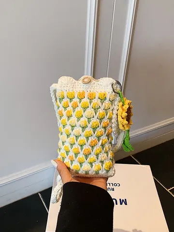 Bolso para Teléfono de Ganchillo Hecho a Mano de Tulipán Lindo Bolso de Lana Tejido Con Correa de Perlas Artificiales y Flores Mujer