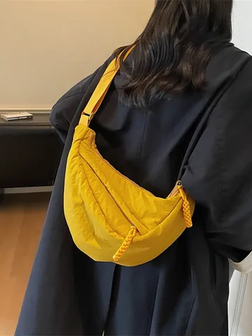Bolso Bandolera de Nailon de Media Luna para Mujer Gran Capacidad Bolso de Hombro Plisado Con Tirador de Cremallera Trenzado