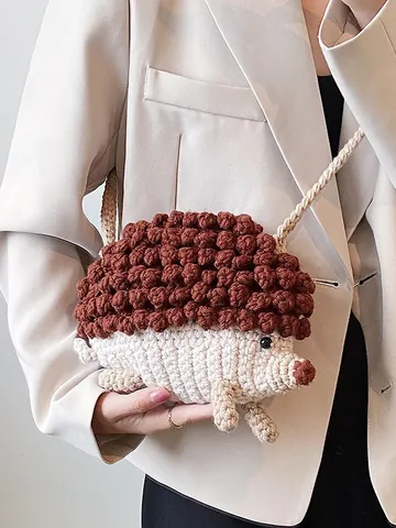 Bolso Bandolera con Forma de Erizo Tejido a Mano Dibujos Animados Animales Crochet Bolso de Hombro Pequeño para Mujer Niños