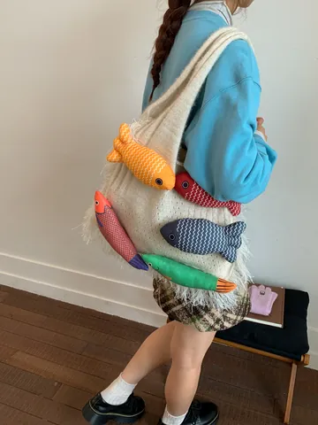 Women Large Capacity Knitted Tote Bag Cartoon Plush Doll Underarm Bag Casual Weaving Shoulder Bag With Tassels