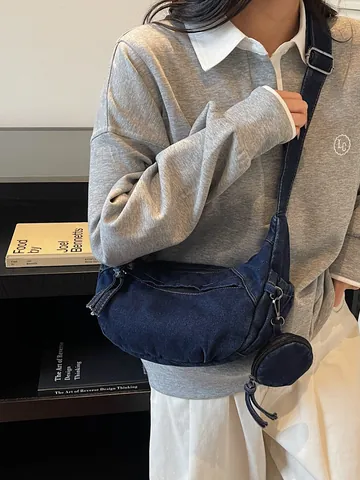 Vintage Washed Denim Hobo Bag For Women Casual Crescent Crossbody Bag With Detachable Round Coin Purse Adjustable Wide Strap Shoulder Bag