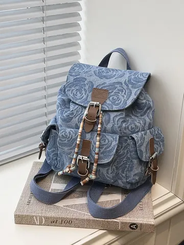Women Vintage Denim Rose Jacquard Backpack Mini Casual School Bag For Student Commuting Korean Fashion Travel Daypack