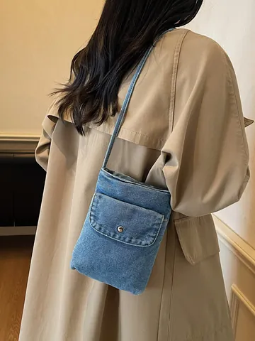 Vintage Washed Denim Crossbody Bag For Women Retro Casual Small Square Mobile Phone Bag Minimalist Denim Shoulder Bag