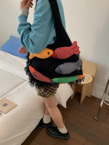 Women Large Capacity Knitted Tote Bag Cartoon Plush Doll Underarm Bag Casual Weaving Shoulder Bag With Tassels