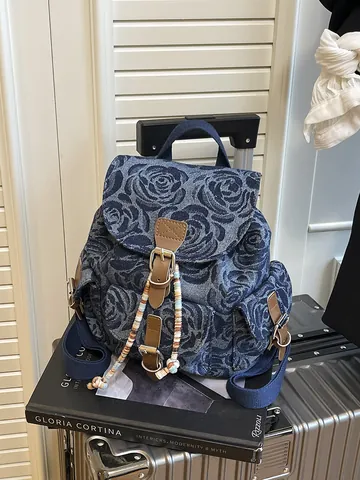 Women Vintage Denim Rose Jacquard Backpack Mini Casual School Bag For Student Commuting Korean Fashion Travel Daypack