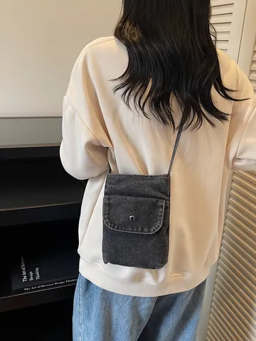 Vintage Washed Denim Crossbody Bag For Women Retro Casual Small Square Mobile Phone Bag Minimalist Denim Shoulder Bag