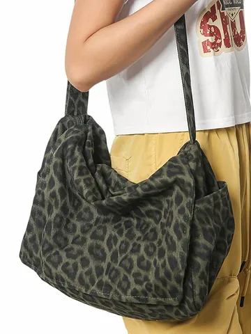 Borsa Messenger in Tela Leopardo Mimetico Grande Capacità Casuale Borsa a Tracolla per Donna Uomo Studente Scuola