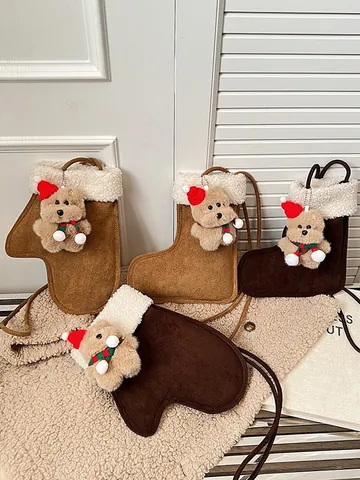 Vintage Christmas Mitten Boot Shaped Crossbody Bag Suede Sherpa Trim Small Shoulder Bag With Plush Bear Charm For Women