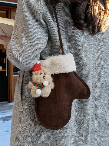 Vintage Christmas Mitten Boot Shaped Crossbody Bag Suede Sherpa Trim Small Shoulder Bag With Plush Bear Charm For Women
