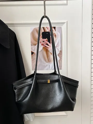 Sac Cabas Vintage en Cuir PU pour Femmes Grande Capacité Sac à Épaule Plissé Avec Boucle Dorée Sac Bandoulière Minimaliste