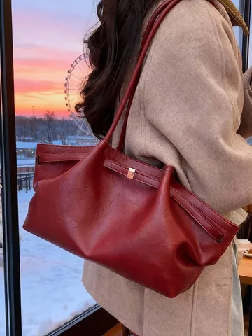 Sac Cabas Vintage en Cuir PU pour Femmes Grande Capacité Sac à Épaule Plissé Avec Boucle Dorée Sac Bandoulière Minimaliste
