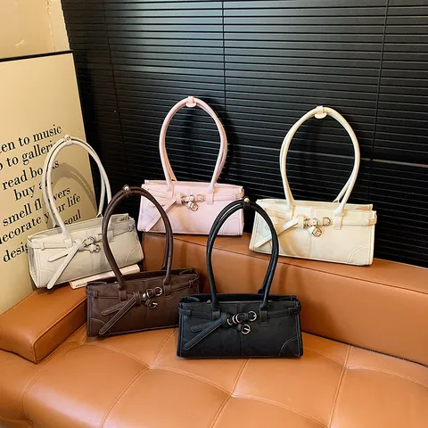 Retro PU Leather Underarm Shoulder Bag Women Belt Decoration Metal Buckle Handbag Minimalist Baguette Bag Daily Commute