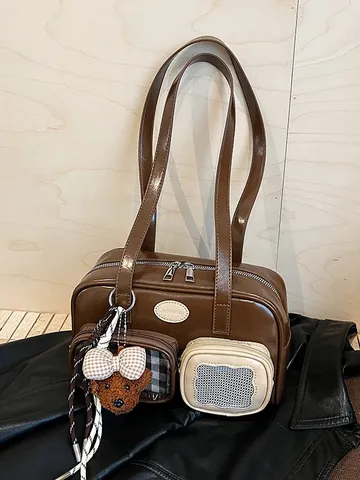 Sac à Épaule en Cuir PU pour Femmes Grande Capacité Sac à Bandoulière Avec Poche Transparente et Porte-clés Ours
