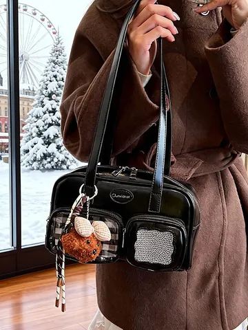 Sac à Épaule en Cuir PU pour Femmes Grande Capacité Sac à Bandoulière Avec Poche Transparente et Porte-clés Ours