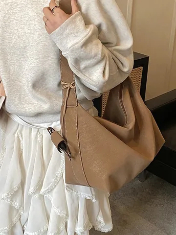 Vintage Synthetic Leather Hobo Shoulder Bag With Contrast Stitching Large Capacity Tote Bag And Inner Pouch For Women