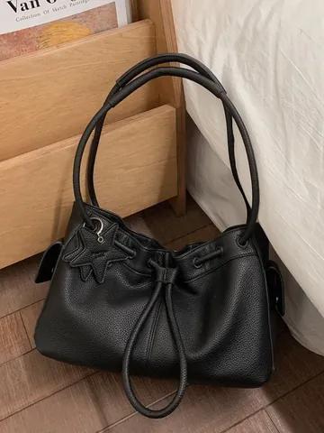 Borsa Tote da Donna a Grande Capacità in Pelle PU Motivo Litchi Con Coulisse e Pendaglio a Stella Borsa a Spalla Semplice e Versatile