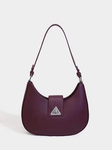 Bolso Hobo de Axila de Media Luna de Cuero PU para Mujer Moda Sencilla Color Sólido Hebilla de Metal Triangular Plateada