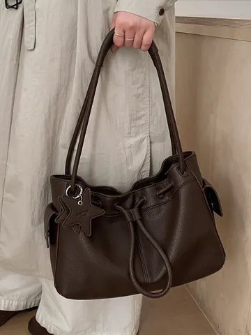 Borsa Tote da Donna a Grande Capacità in Pelle PU Motivo Litchi Con Coulisse e Pendaglio a Stella Borsa a Spalla Semplice e Versatile