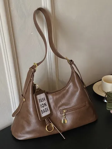Retro Large Capacity PU Leather Underarm Shoulder Bag For Women Solid Color Hobo Bag Casual Commuter Tote With Metal Ring