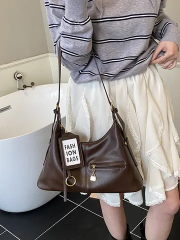 Retro Large Capacity PU Leather Underarm Shoulder Bag For Women Solid Color Hobo Bag Casual Commuter Tote With Metal Ring