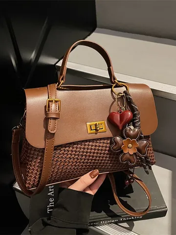 Vintage PU Leer Hahnentritt Patchwork Handtas Voor Vrouwen Grote Capaciteit Schoudertas Crossbody Tas Met Decoratieve Hanger