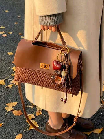 Vintage PU Leer Hahnentritt Patchwork Handtas Voor Vrouwen Grote Capaciteit Schoudertas Crossbody Tas Met Decoratieve Hanger