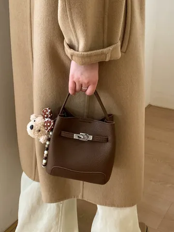 Vintage Litchi Grain PU Leather Bucket Bag For Women Retro Handbag Shoulder Crossbody Bag Commuter Fashion Top Handle Purse