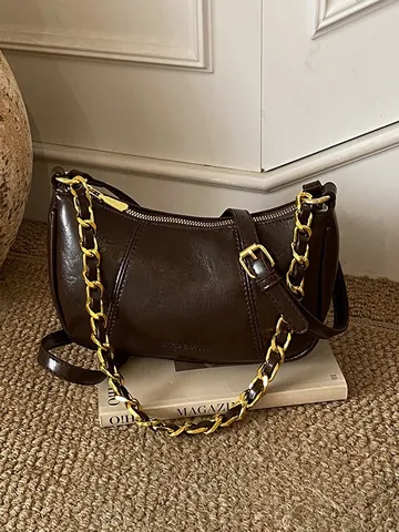 Bolso Hobo de Cuero PU Vintage para Mujer Bolso de Hombro de Media Luna Con Cadena de Oro Bolso Bandolera Rétro Color Sólido Oficina Diario