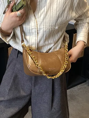 Bolso Hobo de Cuero PU Vintage para Mujer Bolso de Hombro de Media Luna Con Cadena de Oro Bolso Bandolera Rétro Color Sólido Oficina Diario