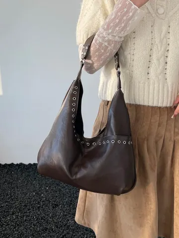 Vintage PU Leder Damen Hobo Tasche Mit Großer Kapazität Metallösen Dekor Schultertasche Tote Bag Pendler Unterarmtasche