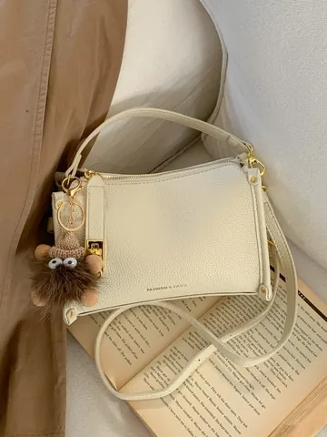 Women Vintage Boston Handbag PU Leather Litchi Pattern Gold Lock Crossbody Bag With Plush Monster Pendant Daily Use