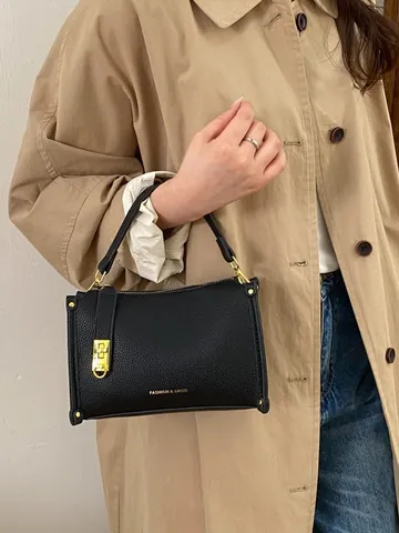 Women Vintage Boston Handbag PU Leather Litchi Pattern Gold Lock Crossbody Bag With Plush Monster Pendant Daily Use