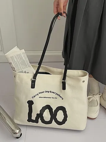 Women Large Capacity Canvas Denim Tote Bag Minimalist Letter Print Shoulder Bag With PU Leather Handle For Commuting Travel