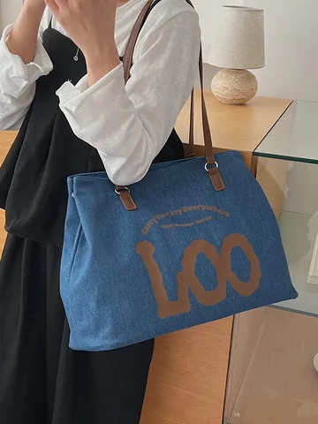 Women Large Capacity Canvas Denim Tote Bag Minimalist Letter Print Shoulder Bag With PU Leather Handle For Commuting Travel