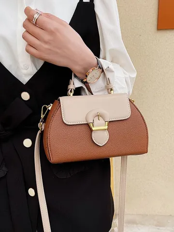Women Vintage Colorblock Handbag PU Leather Handbag With Gold Metal Buckle Lychee Pattern Crossbody Shoulder Bag For Lady Daily
